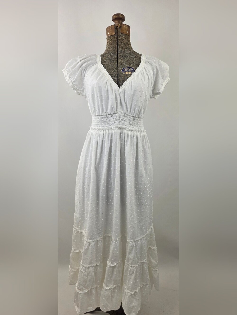 Betsey Johnson White Swiss Dot Cottagecore Smocked Waist Maxi Dress Size M